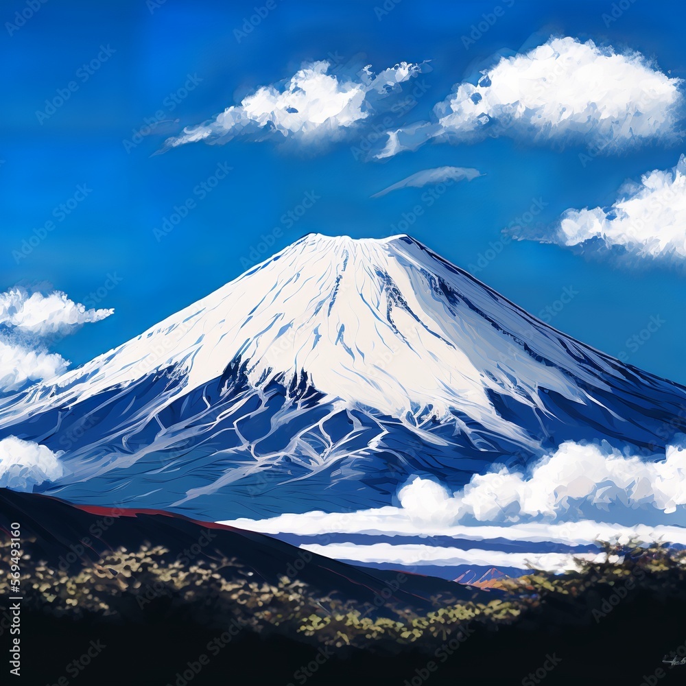 Mount Fuji and blue sky snow mountain high clouds painting humid air far near tour telescope avalanche picture Generative AI