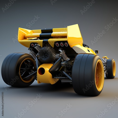 lemon yellow racing car from the back with nitro speed fast wheels spoiler wing color model exhaust caste bend Generative Ai 