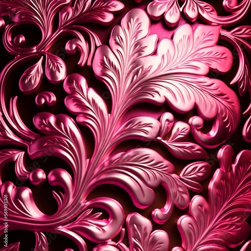 Shining pink floral ornament brocade textile metallic shine pattern art concept old new style design ornate on a black background Generative AI