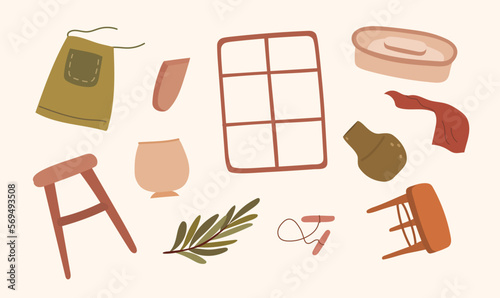Set of pottery, clay crockery and interior items related to ceramists studio. Pottery workshop set.