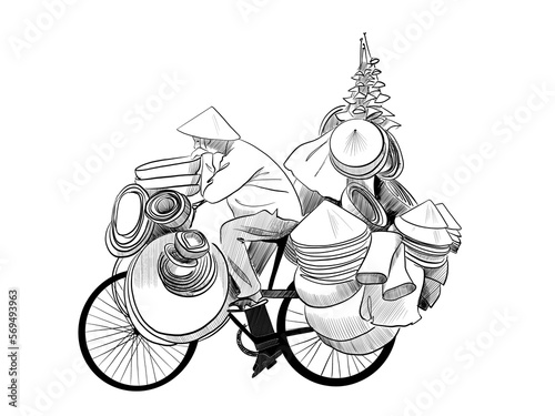 Asian bamboo Hat seller on the Bicycle. Man on bike from China or Vietnan. Monochrome freehand illustration, black and white isolated sketch. design for print, logo or tattoo