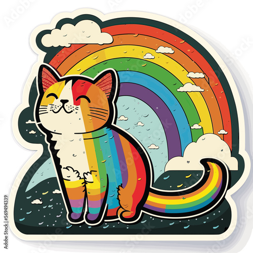 A Nyan Cat On A Cloud In Front Of A Rainbow. Editable Vector Illustration. Die Cut Sticker.