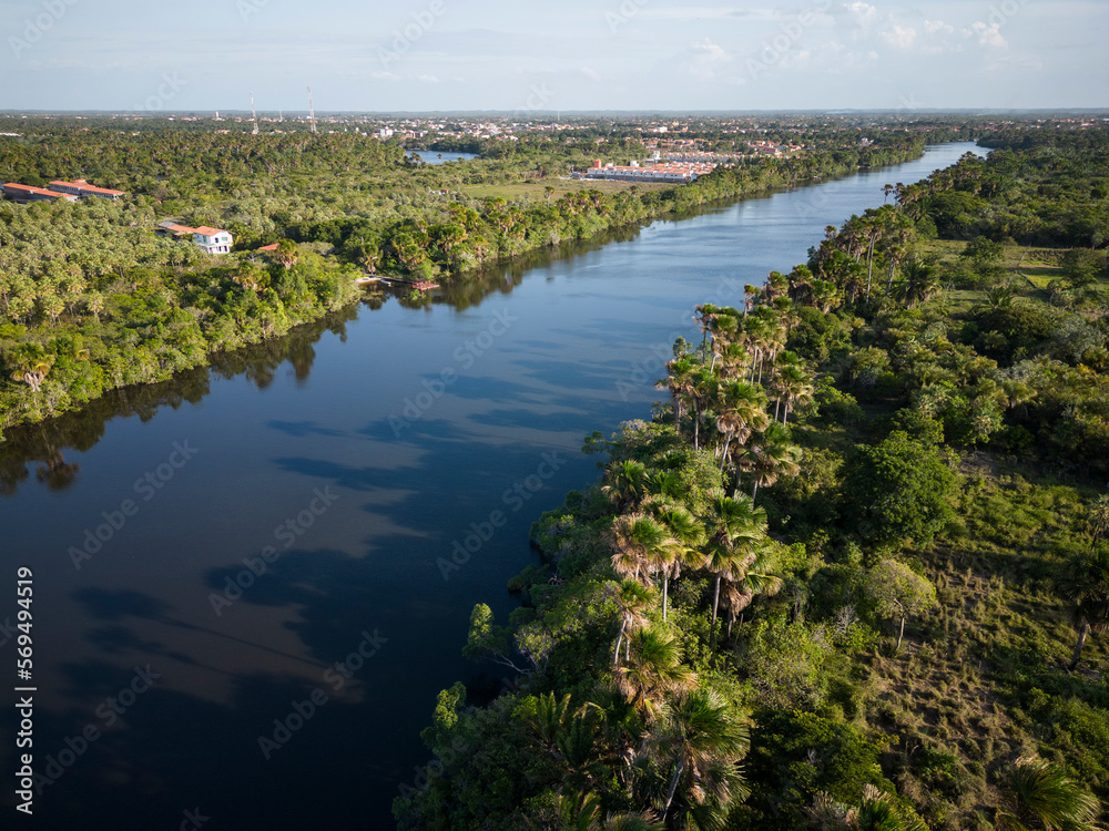 Naklejka premium Beautiful aerial view to large Preguiças River with green vegetation