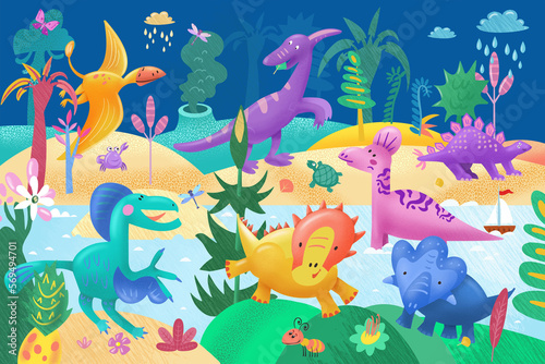Dinosaurs in Jurassic Park. 3D colour illustration. Landscape for puzzles  posters  wallpaper  picture for children s educational games  e.g. count dinosaurs . Prehistoric forest. 