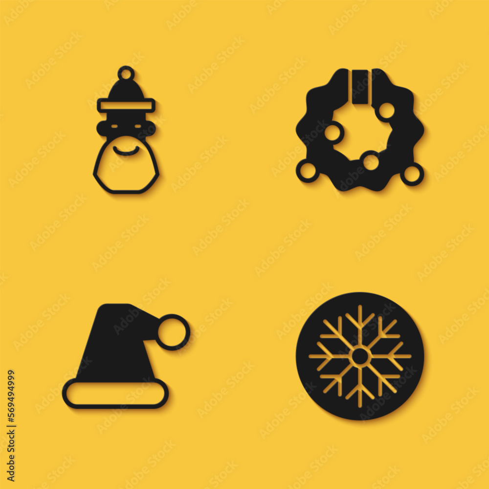 Set Santa Claus hat and beard, Snowflake, Christmas and wreath icon with long shadow. Vector Set Santa Claus hat and beard, Snowflake, Christmas and wreath icon with long shadow. Vector