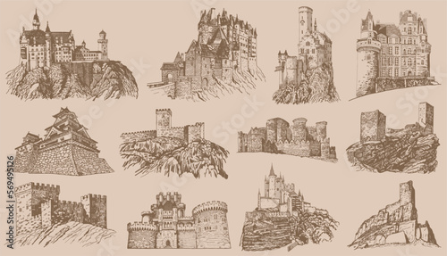 Graphical vintage set of medieval catles isolated , vector sepia illustration.Architecture