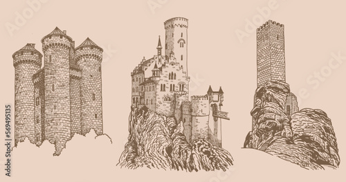 Graphical vintage set of medieval catles isolated , vector sepia illustration.Architecture