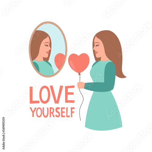 Self love, love yourself concept. Young woman gives a heart-shaped balloon to her mirror reflection. Vector flat illustration