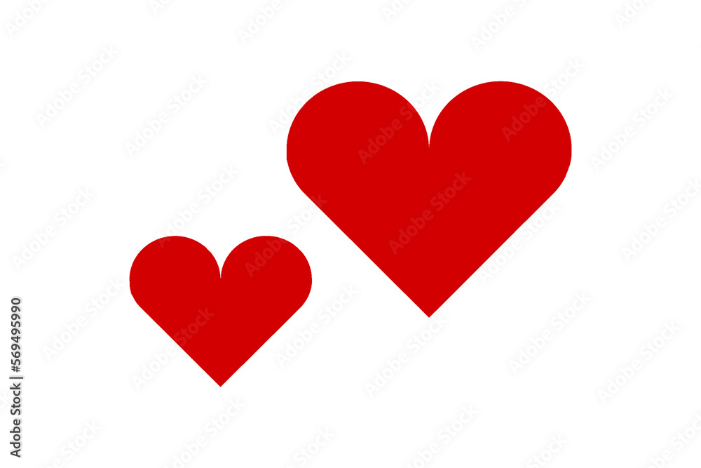 two hearts of different sizes, uniform red color on a neutral white background