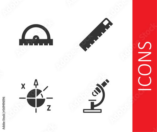 Set Microscope, Protractor grid, Trigonometric circle and Ruler icon. Vector