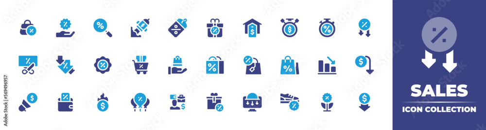 Sales icon collection. Duotone color. Vector and transparent illustration. Containing hand bag, discount, rocket, price tag, gift, house, sale time, stopwatch, sales, sale, shopping, and more.
