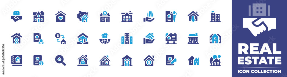 Real estate icon collection. Duotone color. Vector and transparent illustration. Containing deal, house, love, savings, real estate, contract, apartment, certificate, exchange, furniture, and more. - obrazy, fototapety, plakaty 