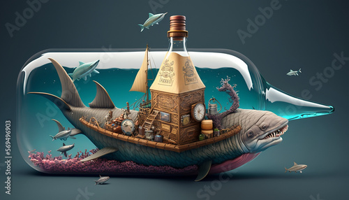 Fotografia Shark on the bottle with pirate ship, Generative AI