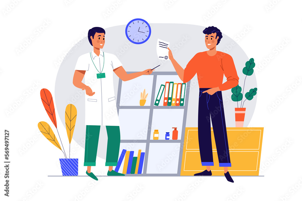 Medical clinic concept with people scene in the flat cartoon design. Doctor issues a list of medicines that the patient needs to buy for further treatment.