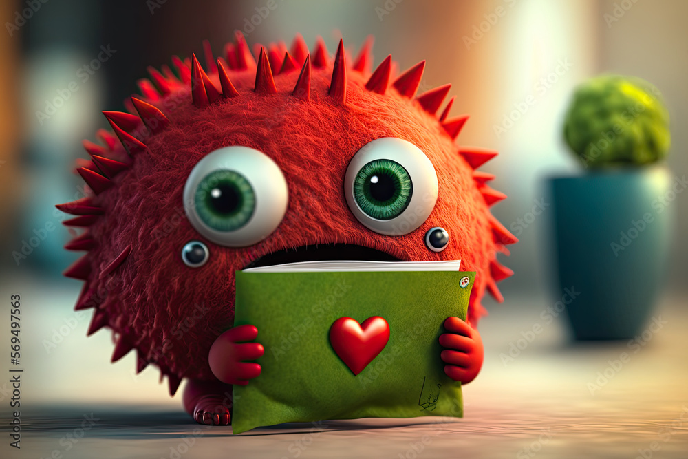 cute 3D character holding a love letter in an envelope, shiny surface