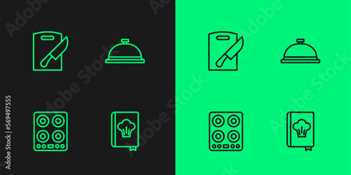 Set line Cookbook, Gas stove, Cutting board and knife and Covered with tray of food icon. Vector