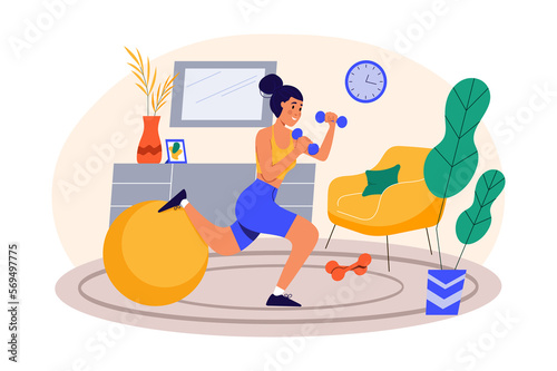 Concept fitness at home with people scene in the flat cartoon design. Girl is doing physical exercises in her room. © Andrey
