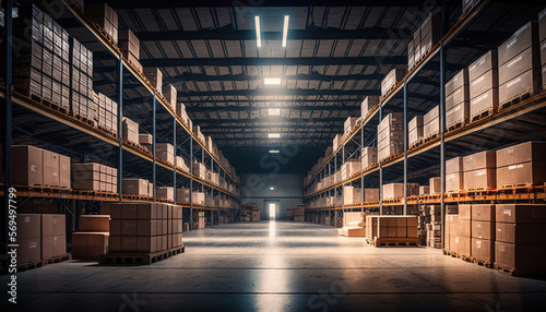 A large, long logistics warehouse filled with boxes, parcels and merchandise, Generative AI photo