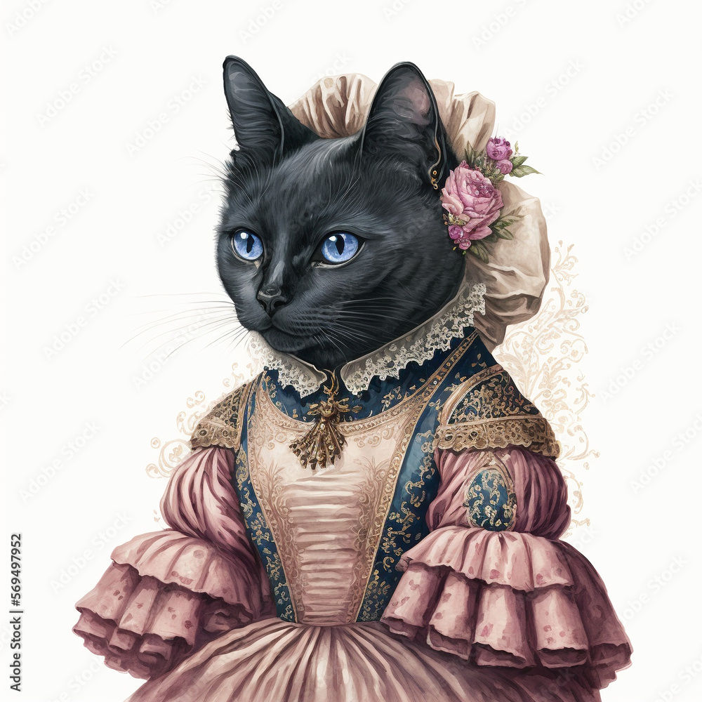 Highly Detailed Victorian Portrait Illustration of a cat on a white background Highly Detailed Victorian Portrait Illustration of a cat on a white background
