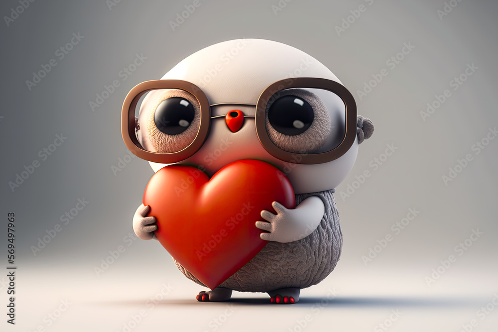 cute 3D Valentine's Day owl character wearing huge glasses holding a heart in the hands
