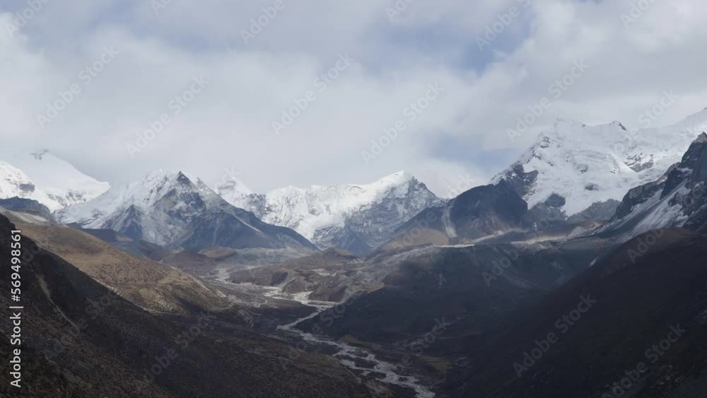 Khumbu valley mountains landscape at the Everest Base Camp trek in the Himalaya, Nepal. Himalaya landscape and mountain views. Pan footage - camera moving from left to right. Khumbu valley mountains landscape at the Everest Base Camp trek in the Himalaya, Nepal. Himalaya landscape and mountain views. Pan footage - camera moving from left to right.