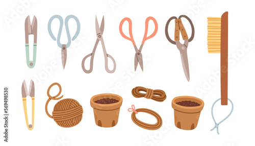 Set of gardening items in hand drawn style. Agricultural and garden tools for spring work. Vector isolated on white