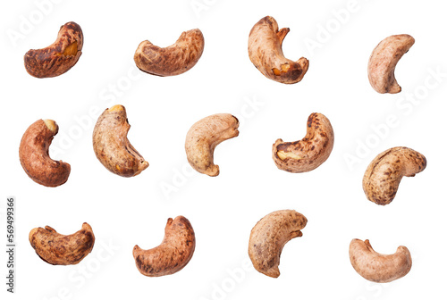 Set of cashew nuts with shell isolated on transparent background