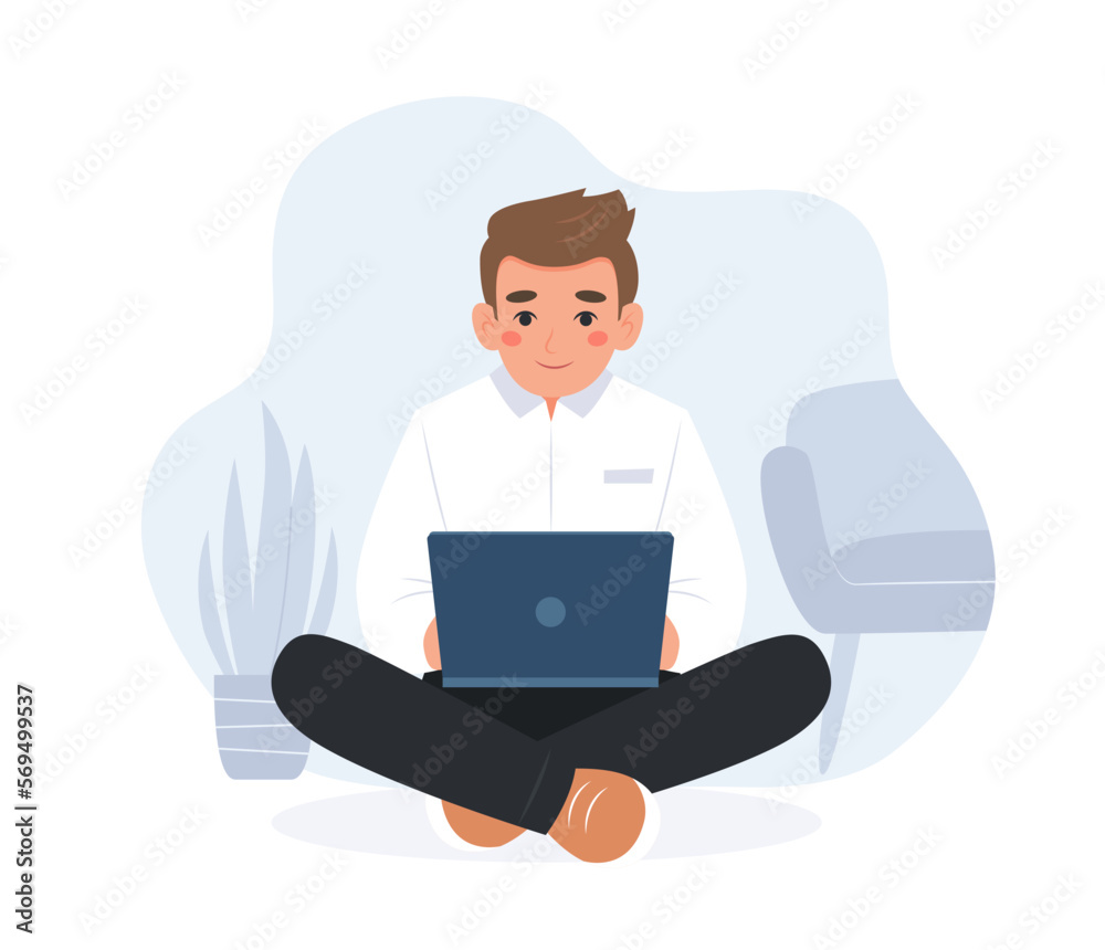 Man working with computer, home office, student or freelancer. Concept vector illustration in flat style