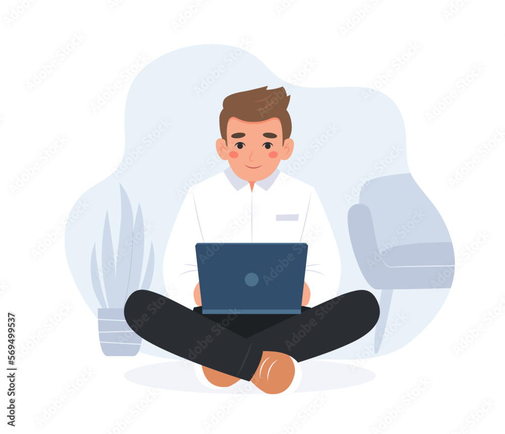 Man working with computer, home office, student or freelancer. Concept vector illustration in flat style Man working with computer, home office, student or freelancer. Concept vector illustration in flat style