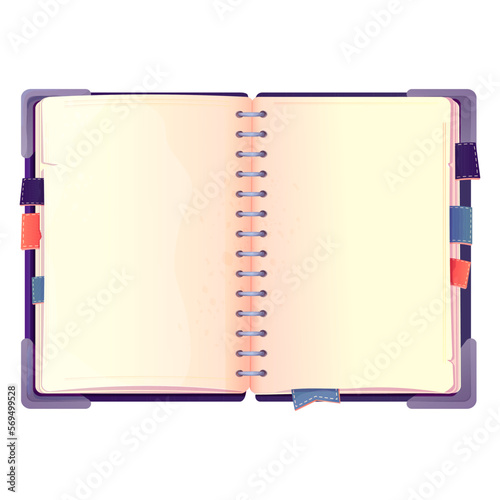 Diary, note book in cartoon style top view isolated on white background. Book with bookmarks and spiral, daily planner.