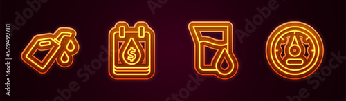 Set line Canister for motor machine oil, Oil drop with dollar symbol, petrol test tube and Motor gas gauge. Glowing neon icon. Vector