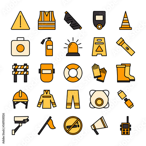 Work safety icons set. Protective gear, equipment, risk management vector symbol collection