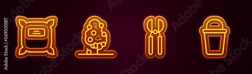 Set line Pack full of seeds, Fruit tree, Gardening scissors and Bucket. Glowing neon icon. Vector