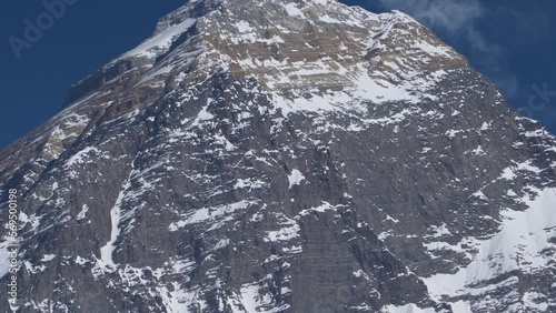 Beautifull Everest mountain landscape at the Everest Base Camp trek in the Himalaya, Nepal. Himalaya landscape and mountain views. Pan footage - camera moving up.