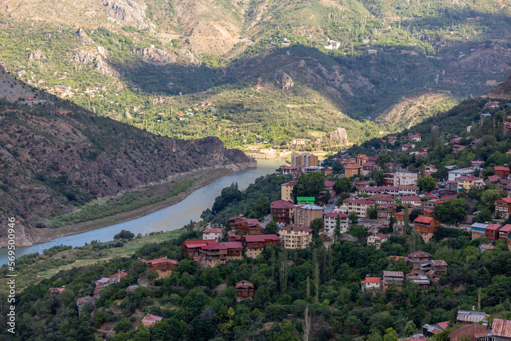 Valley view of Kemaliye town. View of the old Kemaliye houses and the Euphrates River. Erzincan