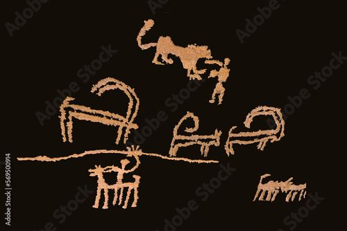 Isolated petroglyphic images of hunting scenes from Saudi Arabia, black background photo