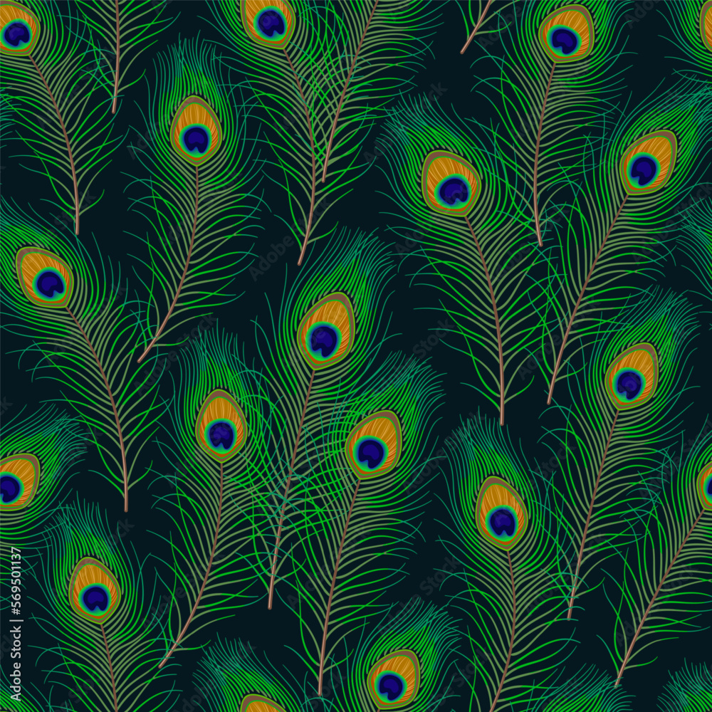 Seamless pattern with peacock feathers on a dark background. Fluffy green feather from peafowl tail. For prints, clothing, t shirt, surface design. Vintage style