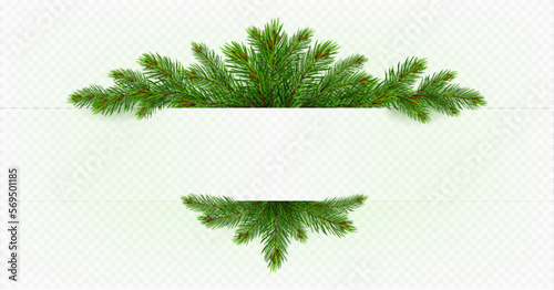 Pine tree branch, christmas garland greeting card template, realistic vector illustration. Fir twigs with green needles isolated on transparent background. Winter holiday evergreen banner