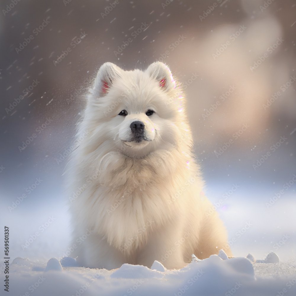 White dog of the samoyed breed in the snow