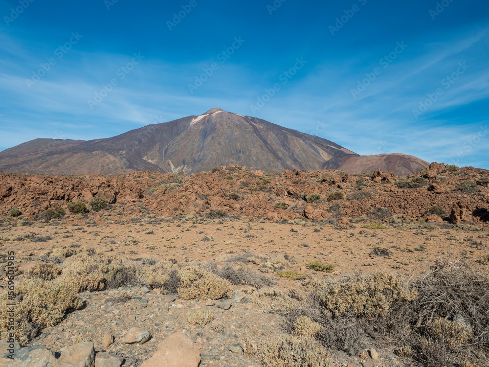 Close up view on colorful volcano pico del teide highest spanish mountain in Tenerife Canary island with clear blue sky background. Horizontal, copy space