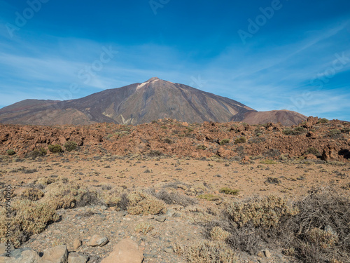 Close up view on colorful volcano pico del teide highest spanish mountain in Tenerife Canary island with clear blue sky background. Horizontal, copy space