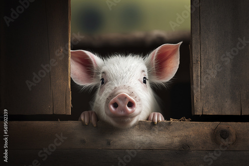 Glücksschwein schaut aus dem Stall, generative AI photo