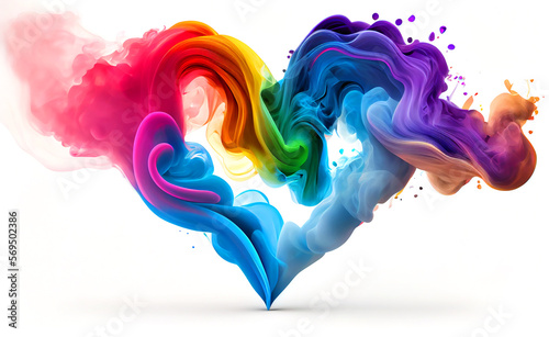 Wave and smoke in shape form heart of different rainbow colors isolated on white. Valentines Day. LGBT Concept. Generative Ai. photo