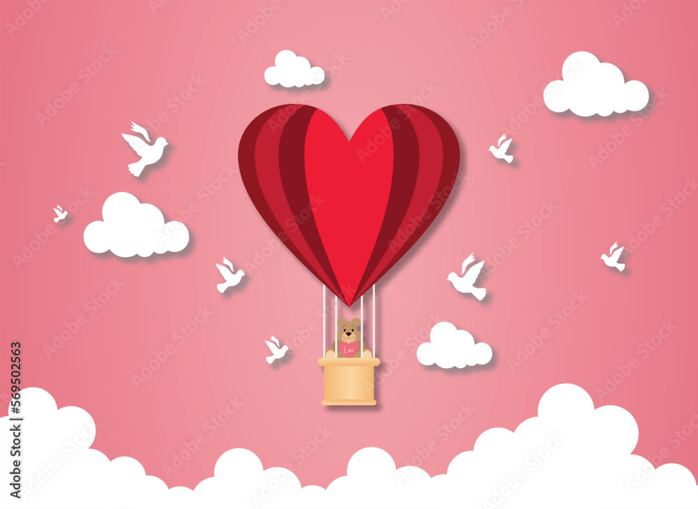 Hot air balloon Valentine's day Love heart with peace bird banner vector