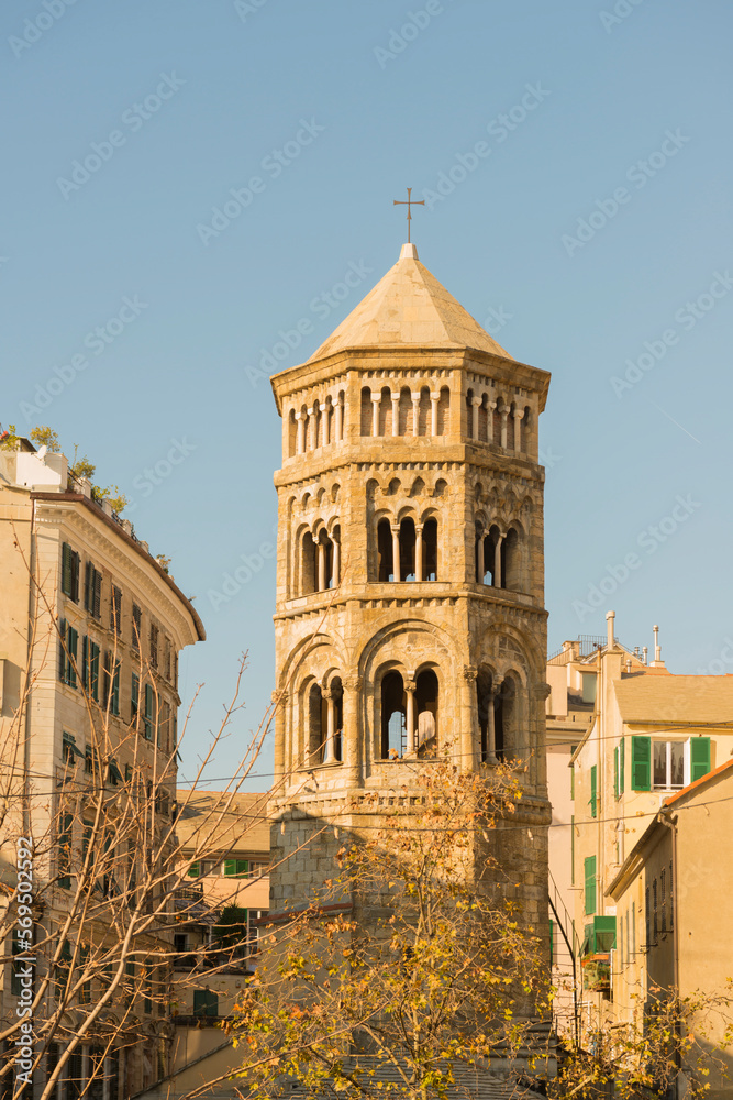 Church Tower in a Sunny Day in Genoa, Liguria in Italy.