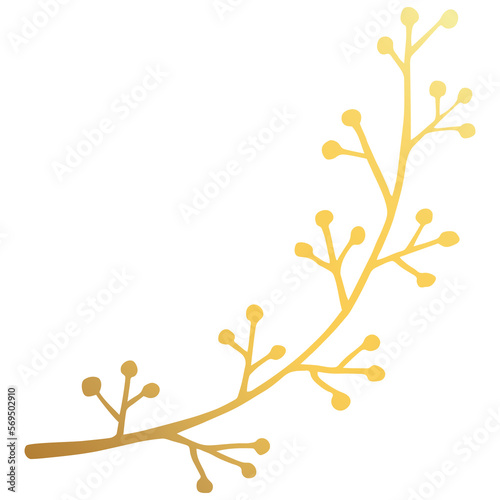 Golden branch. Floral element, flourish divider or border. Gold doodle hand drawn leave or flower. Floral element for decoration of text, cards, invitation. Foil textured design element