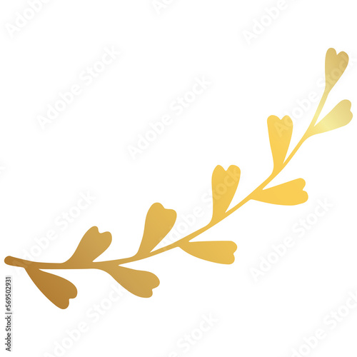 Golden branch. Floral element, flourish divider or border. Gold doodle hand drawn leave or flower. Floral element for decoration of text, cards, invitation. Foil textured design element