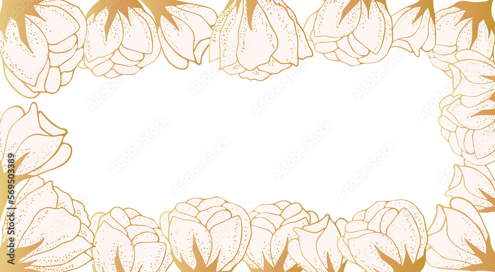 Golden floral art background with space for text. Luxury wallpaper on the side with white flowers, leaves and branches on the side. Hand drawing. Elegant botanical design for banner, invitation, packa Golden floral art background with space for text. Luxury wallpaper on the side with white flowers, leaves and branches on the side. Hand drawing. Elegant botanical design for banner, invitation, packa