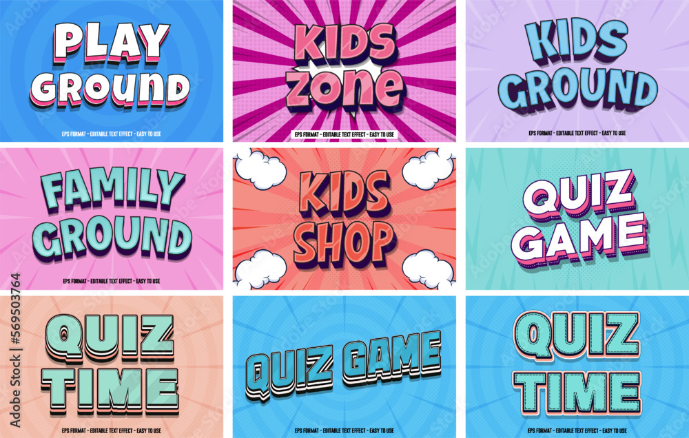 Editable 3d Text Effect Vector Design Cartoon Comic Style Template Set