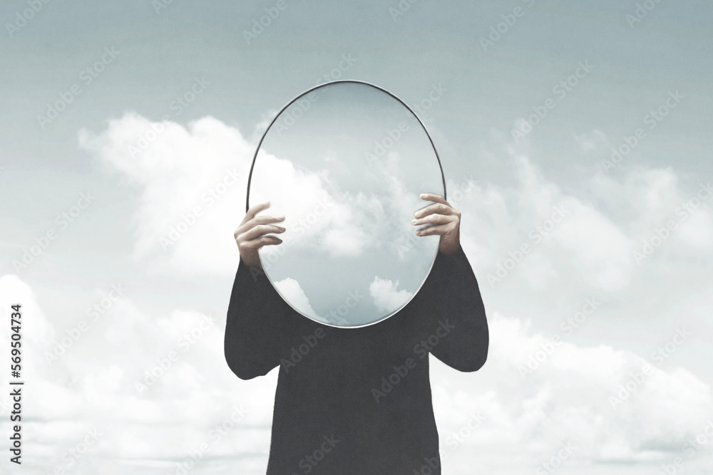 Illustration of woman in black holding a surreal mirror among clouds, surreal abstract concept - obrazy, fototapety, plakaty 